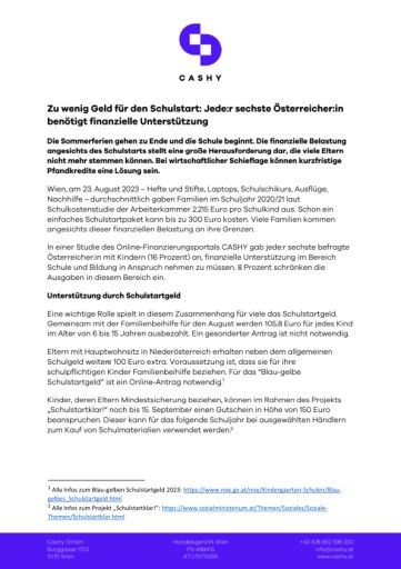 Vorschau Bild von Zu wenig Geld für den Schulstart: Jede:r sechste Österreicher:in benötigt finanzielle Unterstützung
