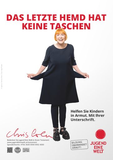 Die neue Werbekampagne von Jugend Eine Welt mit der
ehrenamtlichen Botschafterin Chris Lohner zum Thema Testamentsspende
läuft Out-of-Home sowie im TV, Hörfunk, Print und online.