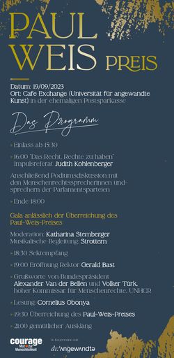  AVISO: Di., 19. 9. – Gala der Initiative Courage zur Verleihung
der "Paul Weis-Preise"