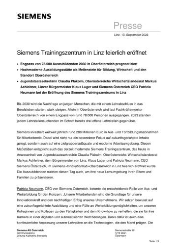Vorschau Bild von Presseaussendung als PDF: Siemens Trainingszentrum in Linz feierlich eröffnet