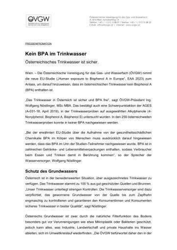 Vorschau Bild von PRESSEINFORMATION Kein BPA im Trinkwasser. Österreichisches Trinkwasser ist sicher.