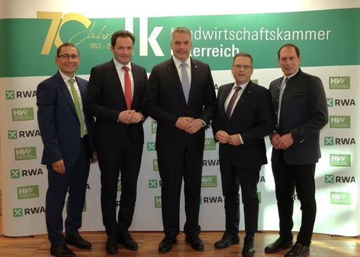 (v.l.n.r.) LKÖ-Generalsekretär Ferdinand Lembacher,
Landwirtschaftsminister Norbert Totschnig, Bundeskanzler Karl
Nehammer, ÖVP-Clubobmann August Wöginger und LKÖ-Präsident Josef
Moosbrugger gestern bei der 70-Jahr-Vereinsjubiläumsfeier in Wien.