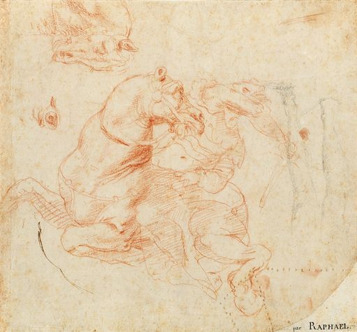  Raffaello Santi, genannt Raffael (Urbino 1483 -
1520 Rom) Studie für die Schlacht an der Milvischen Brücke: ein
Reiter und Kopf und Auge eines Pferdes, rote Kreide und Feder auf
Papier, 22 x 24 cm Auktion 25. Oktober 2023, Dorotheum Wien