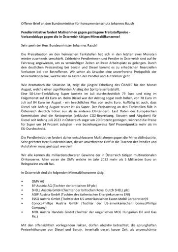 Vorschau Bild von Offener Brief an den Bundesminister für Konsumentenschutz Johannes Rauch