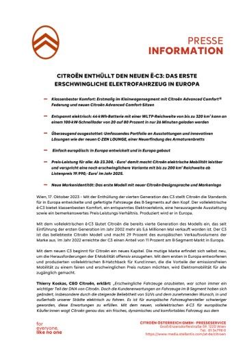 Vorschau Bild von Presseinformation Neuer CITROËN Ë-C3: DAS ERSTE ERSCHWINGLICHE ELEKTROFAHRZEUG IN EUROPA