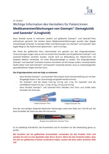  Information für Patient:innen um Original Ozempic®- und Saxenda®-Pens identifizieren zu können