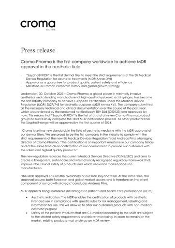  Press Release english version / Croma-Pharma is the first company worldwide to achieve MDR approval in the aesthetic field