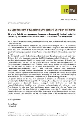 Presseaussendung EU veröffentlicht aktualisierte Erneuerbare-Energien-Richtlinie