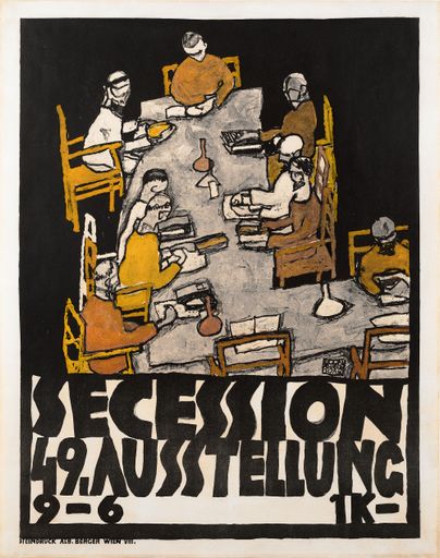 Egon Schiele 1890–1918, Tafelrunde (Plakat für die
49. Ausstellung der Wiener Secession), 1918, Lithographie auf
Papier, 68,5 x 53 cm, Leopold Museum, Wien, Foto: Leopold Museum,
Wien, LM Inv. 224