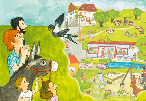 Vorschau Bild von Ein Bild aus der Geschichte: Die Schwalbe erzählt, was sie in der
Stadt gesehen hat. Dort zeigen die Tiere den Menschen, was sie gern
tun. Das Schwein suhlt sich im Schlamm. Die Ziege liebt das
Klettern. Das Huhn badet sein Gefieder im Sand und so weiter. Das
Set kann kostenlos, exklusive Versand, beim Verein "Tierschutz macht
Schule" bestellt werden:
https://www.tierschutzmachtschule.at/tiere-am-bauernhof-verstehen