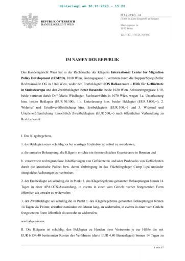 Vorschau Bild von Das Urteil des Wiener Handelsgerichts im Prozess "David vs. Goliath": die kleine, unabhängige NGO schaffte es, das Gericht mit zahlreichen Beweisen zu überzeugen. ICMPD konnte nicht einmal eine Baugenehmigung für das illegale Objekt vorlegen.