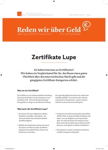 Vorschau Bild von Neue Ausgabe FMA-Inforeihe „Reden wir über Geld" stellt "Zertifikate Lupe" vor