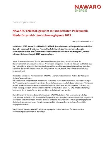 Vorschau Bild von Presseaussendung - NAWARO gewinnt Holzenergiepreis
