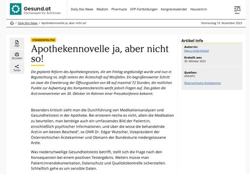 Vorschau Bild von Artikel über die neue Apothekennovelle auf
Gesund.at.