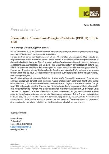  Presseaussendung Überabeitete Erneuerbare-Energien-Richtlinie (RED III) tritt in Kraft