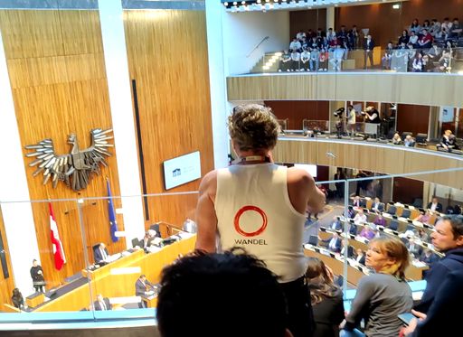  Wandel-Mitglied und Mindestpensionist wirft
„letztes Hemd“ von Zuschauertribüne im Parlament.