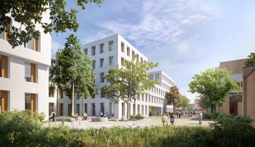 Visualisierung: Auf dem Gelände einer ehemaligen Großdruckerei
entsteht nebst der Sanierung des Bestands ein autarker Neubau, das
2226 JED Schlieren (CH). Mit rund 18.000 m² Geschoßfläche steht hier
die bisher größte Bewährungsprobe für das Konzept 2226® an.