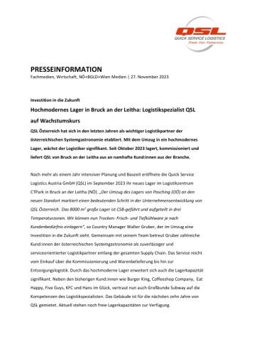 Vorschau Bild von Investition in die Zukunft - Hochmodernes Lager in Bruck an der Leitha: Logistikspezialist QSL auf Wachstumskurs
