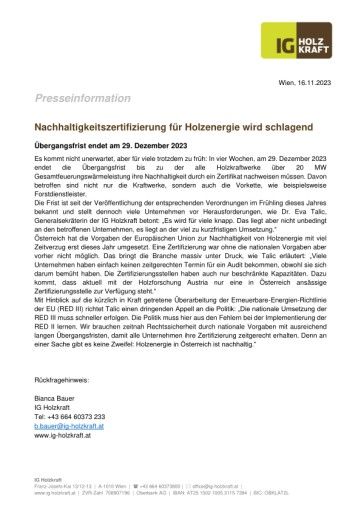  Nachhaltigkeitszertifizierung für Holzenergie wird schlagend