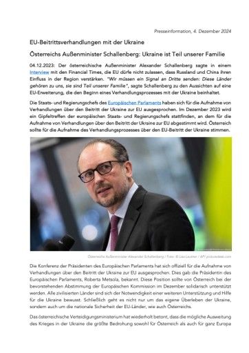 Presseinformation - EU-Beitrittsverhandlungen mit der Ukraine: Österreichs Außenminister Schallenberg: Ukraine ist Teil unserer Familie