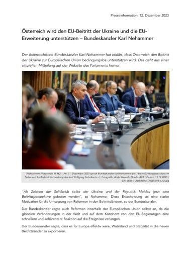 Vorschau Bild von Presseinformation: Österreich wird den EU-Beitritt der Ukraine und die EU-Erweiterung unterstützen – Bundeskanzler Karl Nehammer