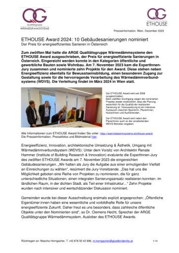  Presseinformation ETHOUSE Award 2024: 10 Objekte nominiert