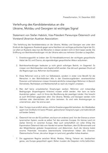 Vorschau Bild von Statement Stefan Haböck: Verleihung des Kandidatenstatus an die Ukraine, Moldau und Georgien ist wichtiges, politisches Signal der EU