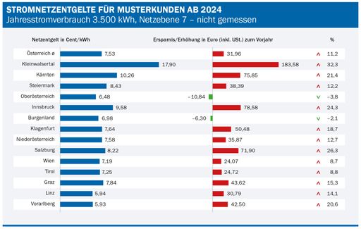 Grafik: Stromnetzentgelte für Musterkunden ab 2024;
Quelle: E-Control