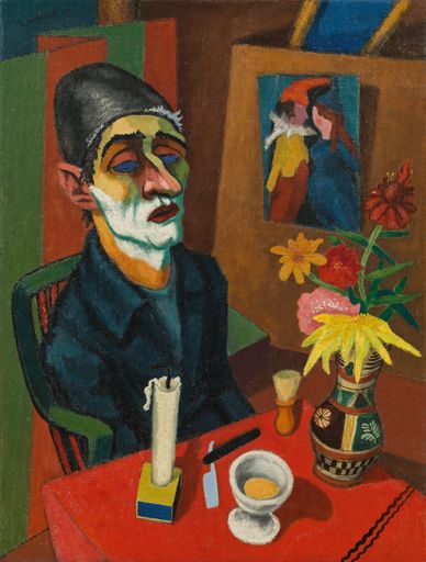 Vorschau Bild von Ausstellung Rudolf Wacker. Magie und Abgründe der
Wirklichkeit: Rudolf Wacker 1893–1939, Selbstbildnis mit
Rasierschaum, 1924, Öl auf Leinwand, 84 × 63 cm, Museum Ortner, Wien
(Courtesy Kunsthandel Giese & Schweiger, Wien), Foto: Alexander
Mitterer/Print Alliance