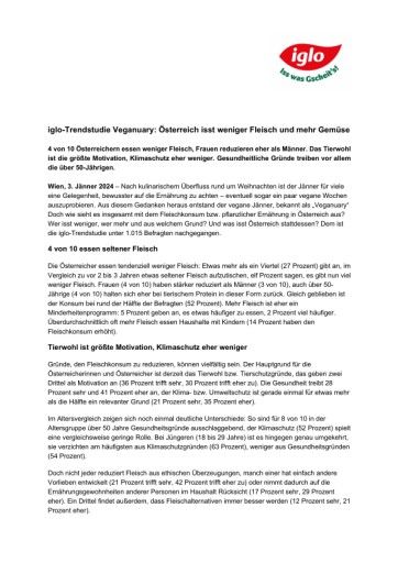 Vorschau Bild von iglo-Trendstudie Veganuary: Österreich isst weniger Fleisch und mehr Gemüse - Tabellen mit Details 4 von 10 Österreichern essen weniger Fleisch, Frauen reduzieren eher als Männer. Das Tierwohl ist die größte Motivation, Klimaschutz eher weniger. Gesundheitliche Gründe treiben vor allem die über 50-Jährigen.