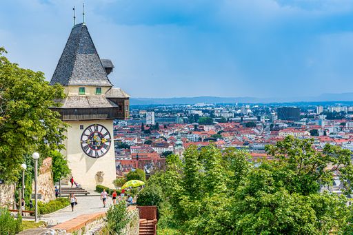 The Uhrturm at the top of Schlossberg, symbol of
Graz, in Styria, Austria
