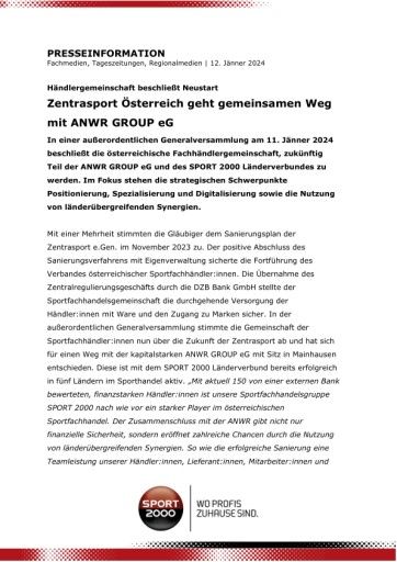 Vorschau Bild von Zentrasport Österreich geht gemeinsamen Weg mit ANWR GROUP eG