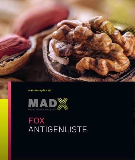 Vorschau Bild von FOX Food Xplorer Antigenliste mit 286 verschiedenen Nahrungsmittelintoleranz-Auslösern aus 13 verschiedenen Nahrungsmittelgruppen, die von MADx getestet werden.