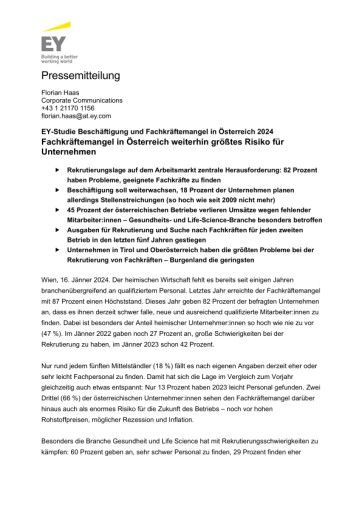 Vorschau Bild von Pressemitteilung I EY Studie Fachkräftemangel