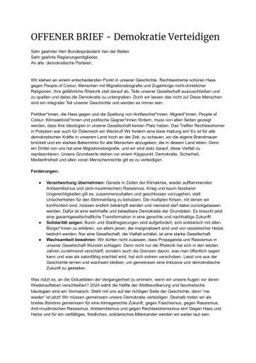  Offener Brief von 53 Organisationen, Vereinen und Personen des öffentlichen Lebens an Bundespräsidenten, demokratische Parteien und Bundesregierung