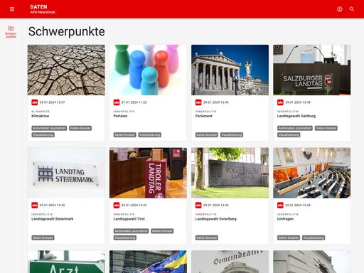 Das neue Modul „Daten“ auf newsdesk.apa.at bietet
zum Start umfassende Daten-Packages zu Innenpolitik und Klima.