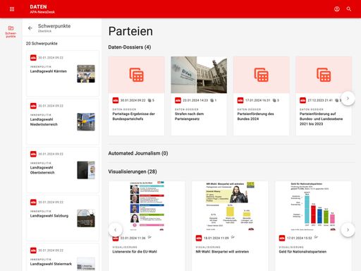 Vorschau Bild von Der Datenpunkt Innenpolitik reiht sich in die
bestehenden Angebote der APA für Politik- und Wahlberichterstattung
ein, angeboten wird eine Vielzahl an Datensätzen.