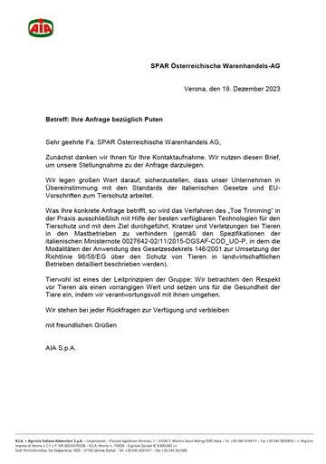 Vorschau Bild von Der Produzent der bei SPAR verkauften
Putenfleisch-Produkte, die italienische AIA, bestätigt den Einsatz
der umstrittenen Mikrowellen-Technologie