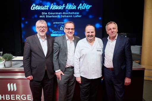 Vorschau Bild von SeneCura CFO Wolfgang Kaltenegger, SeneCura COO
Markus Schwarz, Johann Lafer und SeneCura CEO Anton Kellner freuen
sich auf den Gourmet-Kochworkshop.