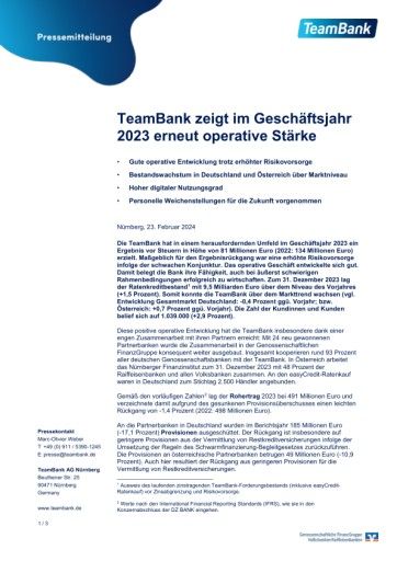 Vorschau Bild von TeamBank zeigt im Geschäftsjahr 2023 erneut operative Stärke (FOTO)