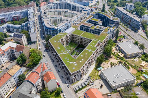  Das Projekt BUWOG "Atrio" in Leipzig aus der
Vogelperspektive.