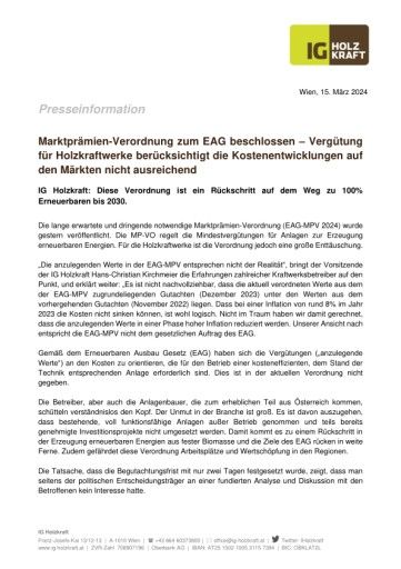  Presseaussendung - Marktprämien-Verordnung zum EAG