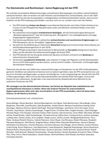 Vorschau Bild von 90 Persönlichkeiten aus Politik, Wissenschaft und Kunst fordern von allen anderen politischen Parteien, Koalitionen mit der FPÖ eindeutig auszuschließen und für andere Regierungsvarianten offen zu sein.