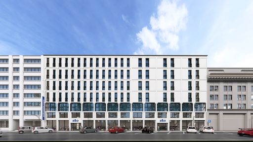  3D-Rendering der weißen Fassade des a&o Hostels
Florenz