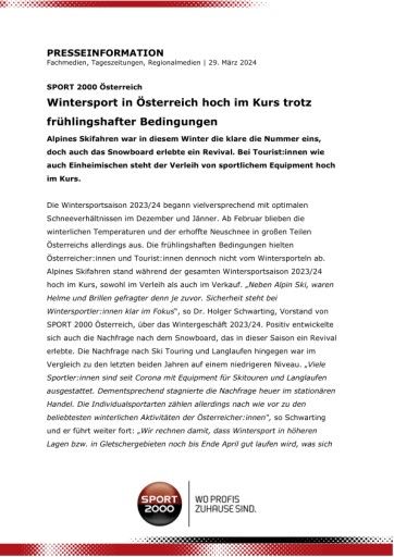 Vorschau Bild von Wintersport in Österreich hoch im Kurs trotz frühlingshafter Bedingungen.