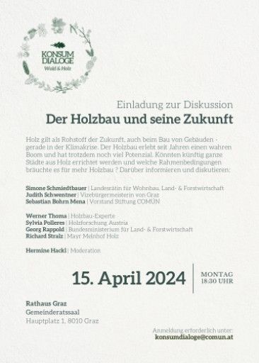 Vorschau Bild von Einladung zur Diskussionsveranstaltung "Der Holzbau und seine Zukunft" am 15.4.2024 um 18:30 Uhr im Grazer Rathaus