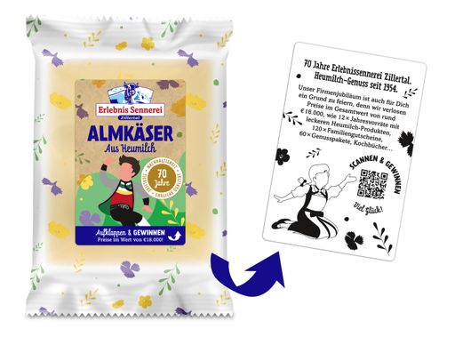 Vorschau Bild von Almkäser Portion mit aufklappbaren Etikett - auf
der Innenseite befindet sich das große Jubiläumsgewinnspiel!