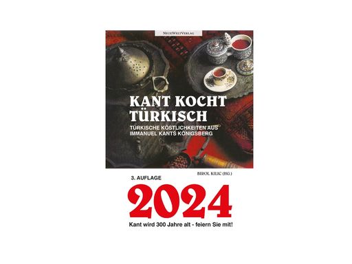 22. April 2024: Kant wird 300 Jahre alt! Feiern Sie mit
türkischen und kantischen Köstlichkeiten mit der "Kritik der
Kochkunst". Anlässlich des 300. Geburtstages von Kant möchten wir
gerne insgesamt 30 Bücher mit dem Titel "Kant schmakhaft machen"
oder "Kant kocht Türkisch" kostenlos (inkl. Versandkosten) an den
ersten Freund der Türkischen Kulturgemeinde in Österreich (TKG)
versenden, der uns das Buch per E-Mail an folgende E-Mail Adresse
der TKG sendet: Frau Esra Ates: e.ates@turkischegemeinde.at