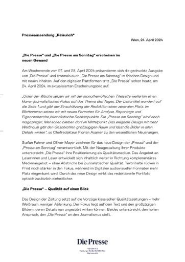 Vorschau Bild von Presseaussendung „Relaunch“ - „Die Presse“ und „Die Presse am Sonntag“ erscheinen im neuen Gewand