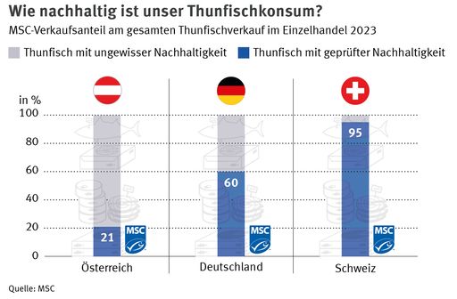 Wie nachhaltig ist unser Thunfischkonsum? MSC-Verkaufsanteil am
gesamten Thunfischverkauf im Einzelhandel in Deutschland, Österreich
und der Schweiz 2023 / Weiterer Text über ots und
www.presseportal.de/nr/102624 / Die Verwendung dieses Bildes für
redaktionelle Zwecke ist unter Beachtung aller mitgeteilten
Nutzungsbedingungen zulässig und dann auch honorarfrei.
Veröffentlichung ausschließlich mit Bildrechte-Hinweis.